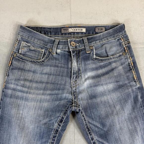 BKE Carter Jeans Mens 31R Blue Med Wash Distressed Straight Leg Modern Fit Denim - Picture 2 of 9